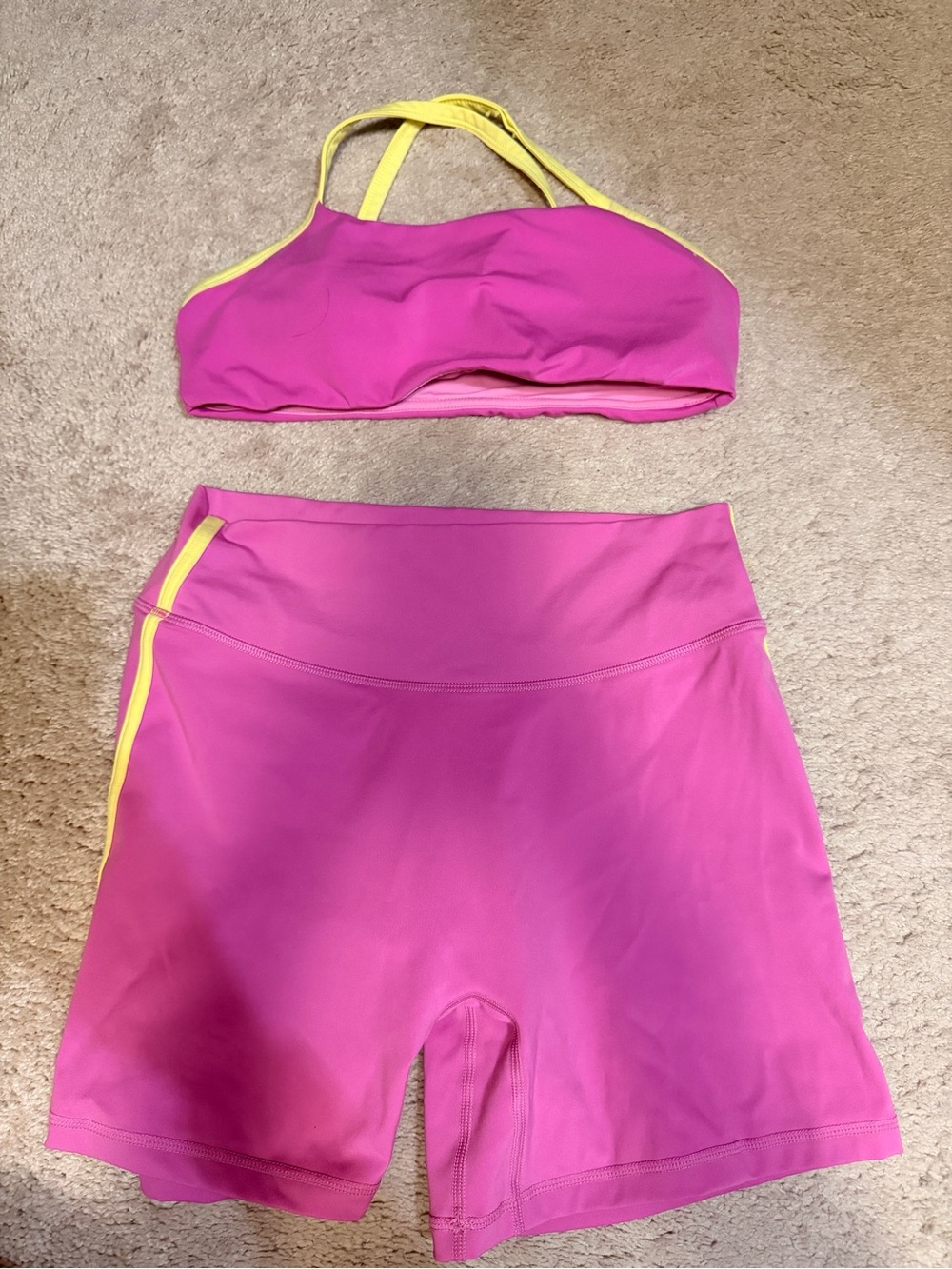 Women’s Athletic Bike Shorts and Sports Bra Set - Pink with Yellow Trim